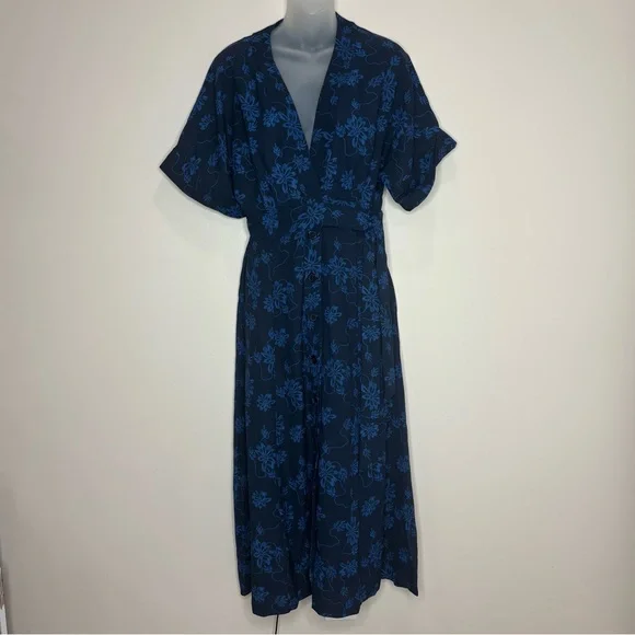 EQUIPMENT Blue Floral Print Wrap Tie Kimono Midi Button Up Dress v neck size 6 - Picture 4 of 9